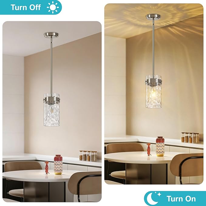 Hammered Glass Pendant Lighting for Kitchen Island 2 Pack, Modern Brushed Nickel Pendant Light Fixtures 4.72", Adjustable Ceiling Pendant Light for Kitchen Island Dining Room Hallway