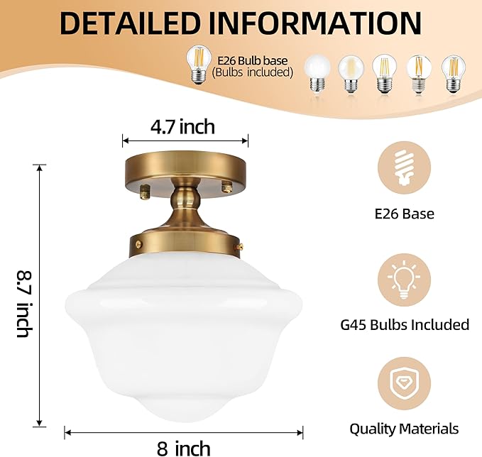 Bagood 8" Gold Schoolhouse Lights Fixture Schoolhouse Light Fixtures Ceiling Mid Century Lights Fixture Milk Glass Fixtures Semi Flush Mount Ceiling Light for Bathroom Kitchen (Bulb Incl.)
