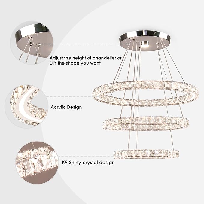 Modern LED Chandeliers Crystal Chandeliers Ceiling Light Three Rings Pendant Light with Acrylic for Bedroom Dinning Room Hallway(Multicolor 30/40/50)