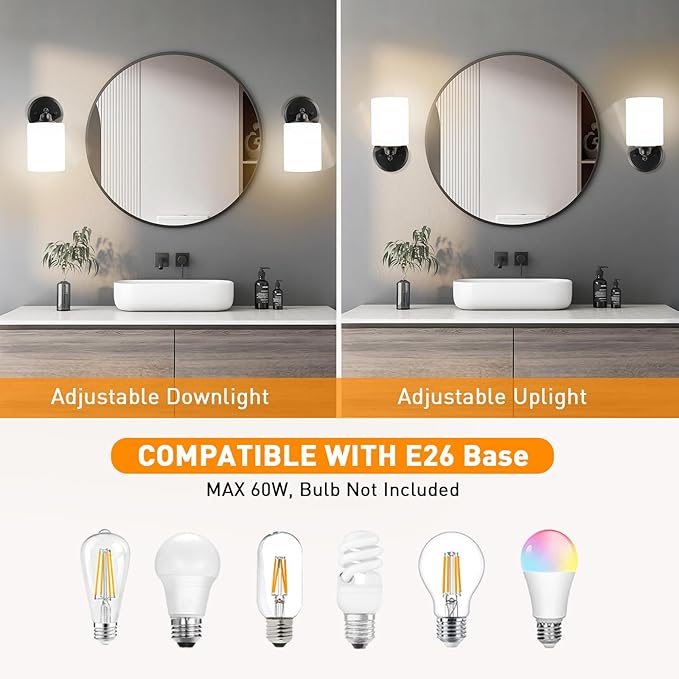 Wall Sconces Set of Two Bathroom Light Fixtures with Frosted Glass Shade, Modern Matte Black Wall Lights Vanity Lights, Sconces Wall Decor Set of 2 for Bathroom Bedroom Mirror (E26 Base)