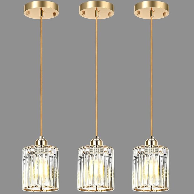 3 Pack Gold Pendant Light, Elegant Modern Island Lights for Kitchen with Crystal Glass – Luxury Mini Pendant Light for Kitchen Island, Dining Table, Entryway, Restaurant