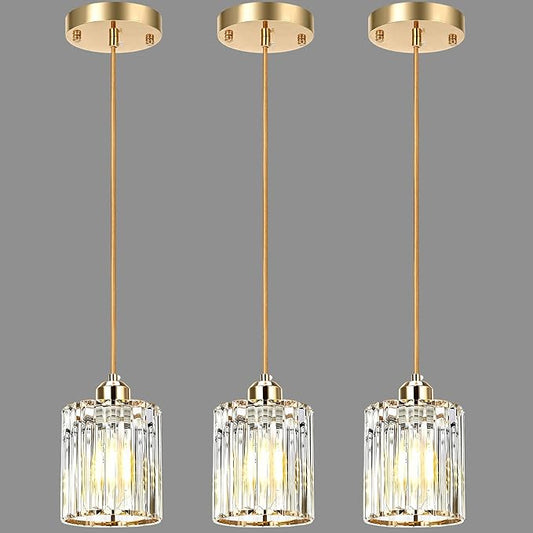 3 Pack Gold Pendant Light, Elegant Modern Island Lights for Kitchen with Crystal Glass – Luxury Mini Pendant Light for Kitchen Island, Dining Table, Entryway, Restaurant