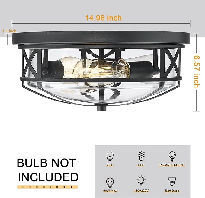 Darkaway 15inch Ceiling Light Fixtures Large Flush Mount Light Fixtures with Clear Glass Shade, Indoor Outdoor Ceiling Light for Hallway Entryway Bathroom Stairway Porch Kitchen 3-Light E26