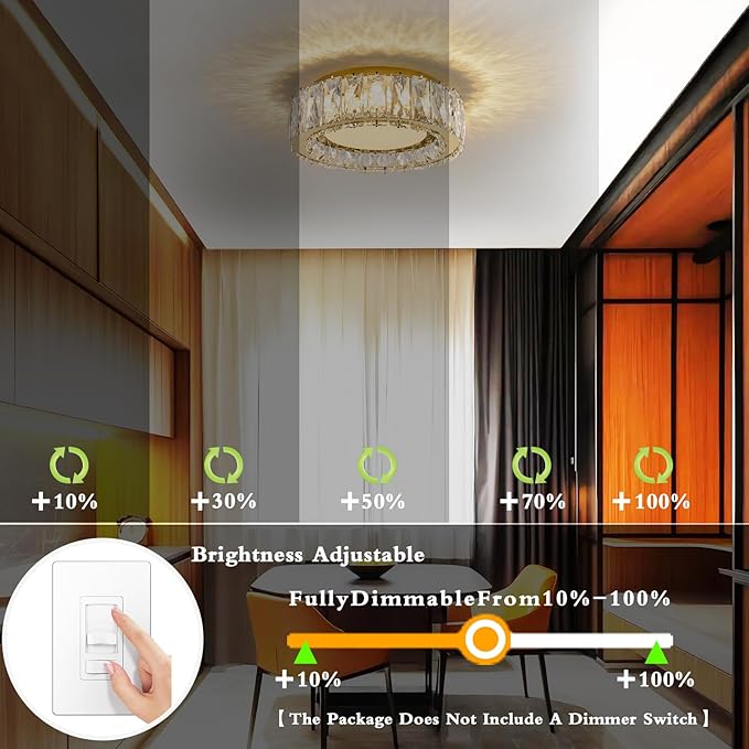 Crystal Dimmable Flush Mount Ceiling Light, Glod Modern LED Close to Ceiling Light Fixture with 5CCT 2700K-6000K, Round Kitchen Lighting for Bedroom, Laundry Room, Hallway, Bathroom (11in 24W)