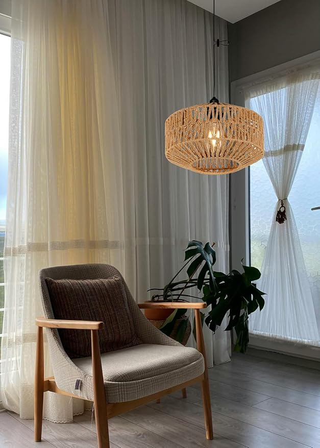 Battery Operated Pendant Light Outdoor Chandelier for Gazebo Hanging Lamp with Remote Timer Powered by 4*AA Batteries Boho Rattan Lampshade LED Lantern for Garden Farmhouse Porch Patio Backyard Decor