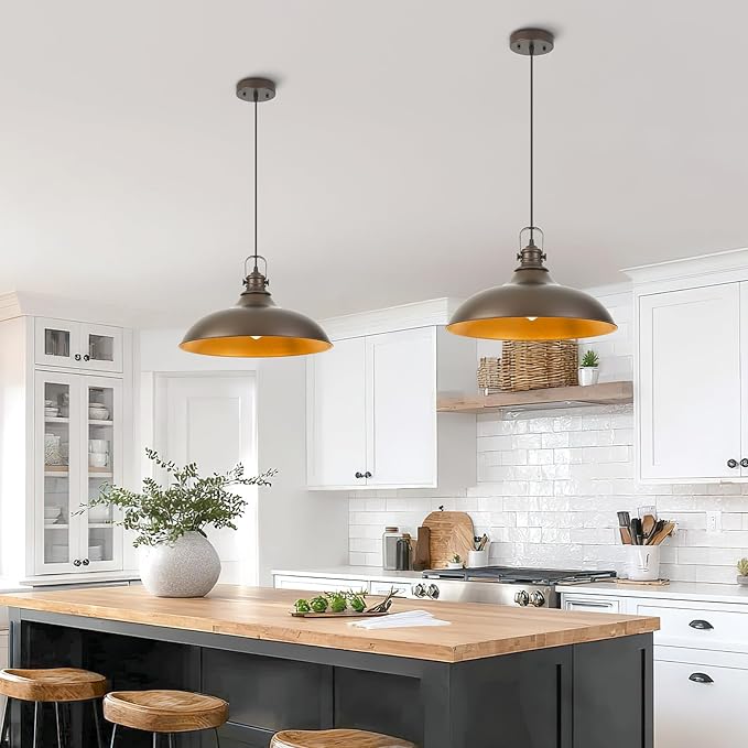 Refice 17 Inch Farmhouse Pendant Lights Kitchen Island Oil Rubbed Bronze Pendant Lighting Industrial Dome Island Pendant Lights, Adjustable Height, Hanging Lights, Dining Room, Barn