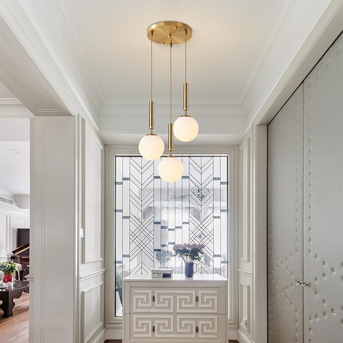 KCO Lighting 3-Lighs Cluster Pendant Lighting Mid Century Gold Globe Pendant Light Large Milk White Glass Chandelier Modern Kitchen Pendant Lighting for Living Room Dining Room