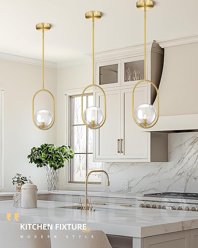 AUTELO Gold Pendant Lights, 1-Light Pendant Lights Kitchen Island in Brushed Gold Finish with Clear Globe Glass, Mid Century Pendant Light Fixtures, Gold Hanging Lights for Kitchen Island H9376 CLBG