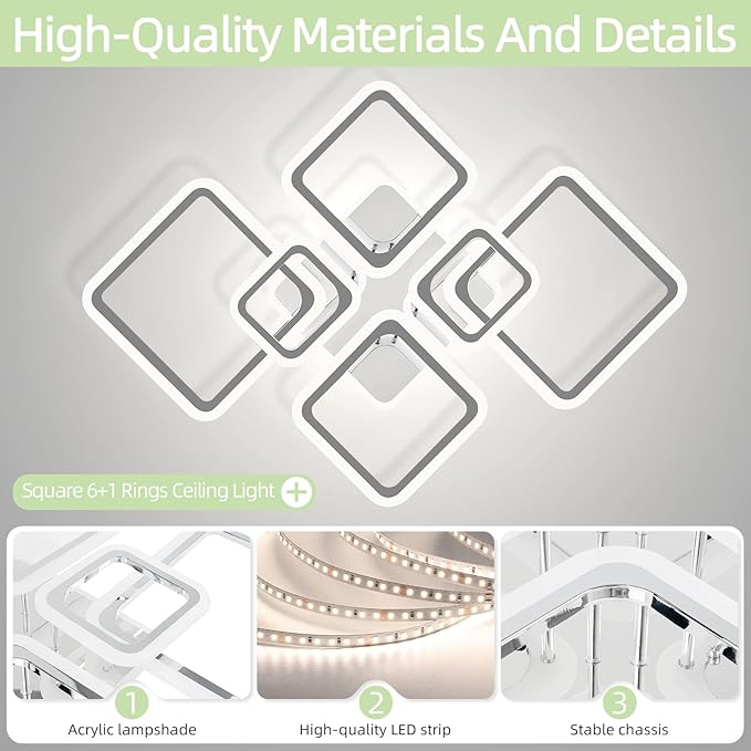 Modern LED Ceiling Lights for Bedroom 40.2'' Dimmable Square 6+1 Rings Ceiling Lights for Living Room with Remote Control 130W for Kitchen,Balcony, Bedroom, Chrome