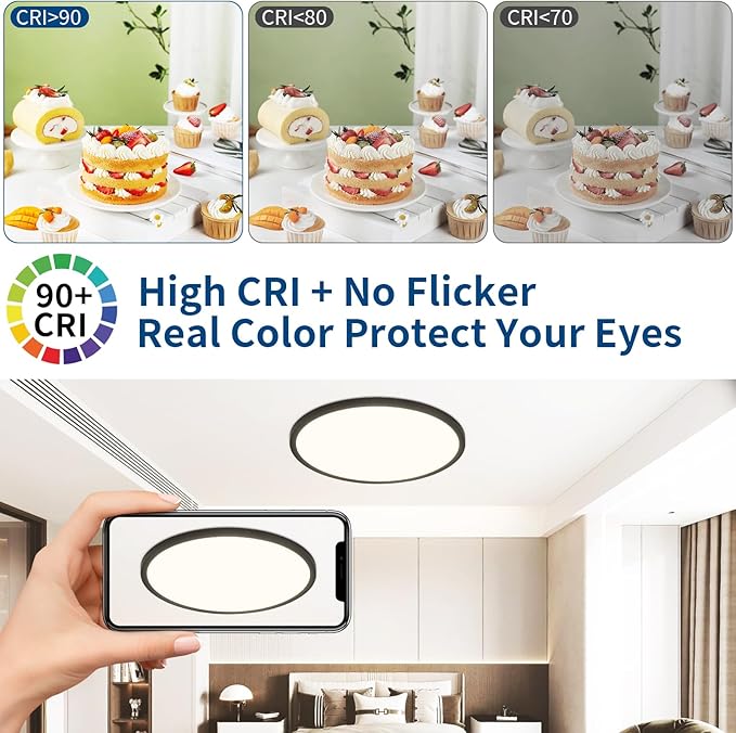 Modern 16'' Led Ceiling Light Fixture, Ultra Thin Flush Mount, Dimmable & 3000K/4500K/6000K Selectable, 28W 2800LM, Black, for Bedroom, Kitchen, Dining Room, Living Room, Home Office, Hallway