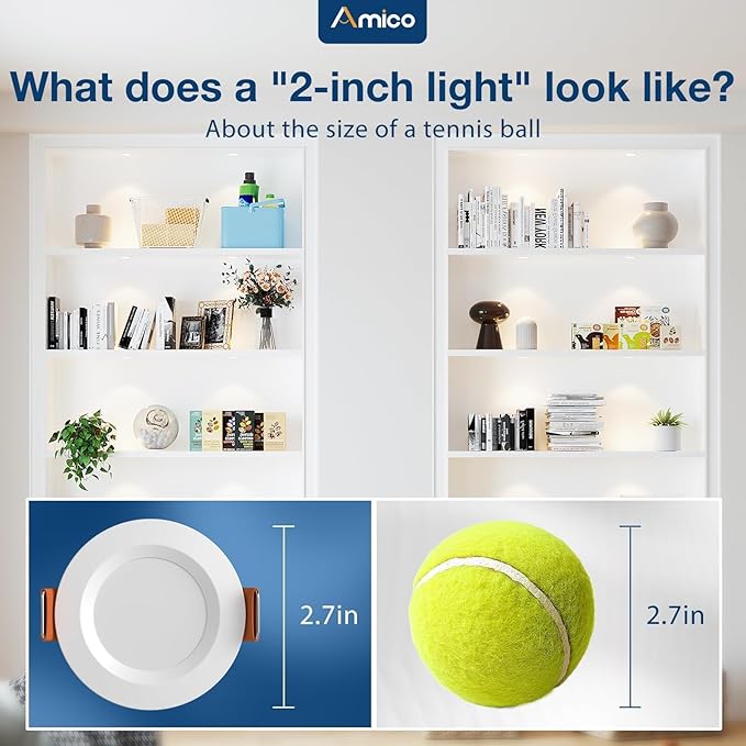 Amico 6 Pack 2 Inch 5CCT Ultra-Thin LED Canless Recessed Ceiling Light with Junction Box, 2700K/3000K/3500K/4000K/5000K Selectable, CRI90+, 6W=40W, 350LM, Dimmable Canless Wafer Downlight-ETL&FCC