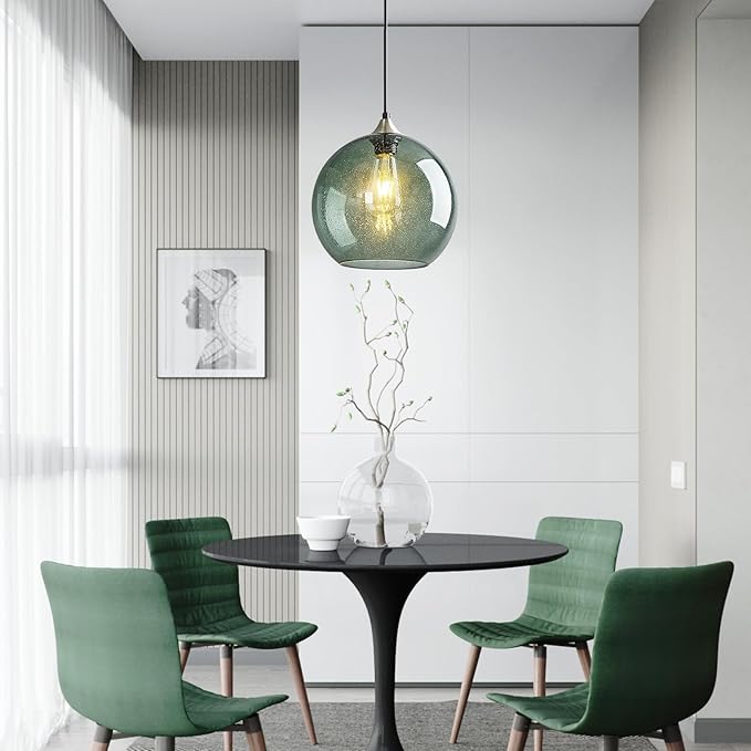 Mikeru Glass Globe Pendant Light Single, 9.85 Inch Gray Green Bubble Glass Hanging Lamp, Mid Century Modern Pendant Lighting for Kitchen Island Dining Room Bedroom (Bulb Not Included)