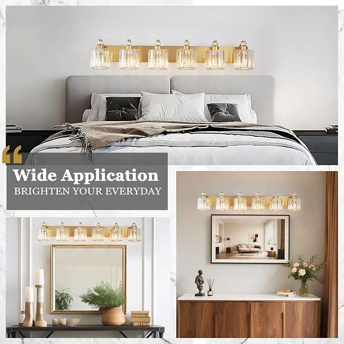 6-Lights Brushed Brass Bathroom Light Fixture Gold Vanity Lights Modern Crystal Bathroom Vanity Lighting Over Mirror Wall Sconce with K9 Crystal Shade E26 Base for Living Room, Bedroom Wall Lamp