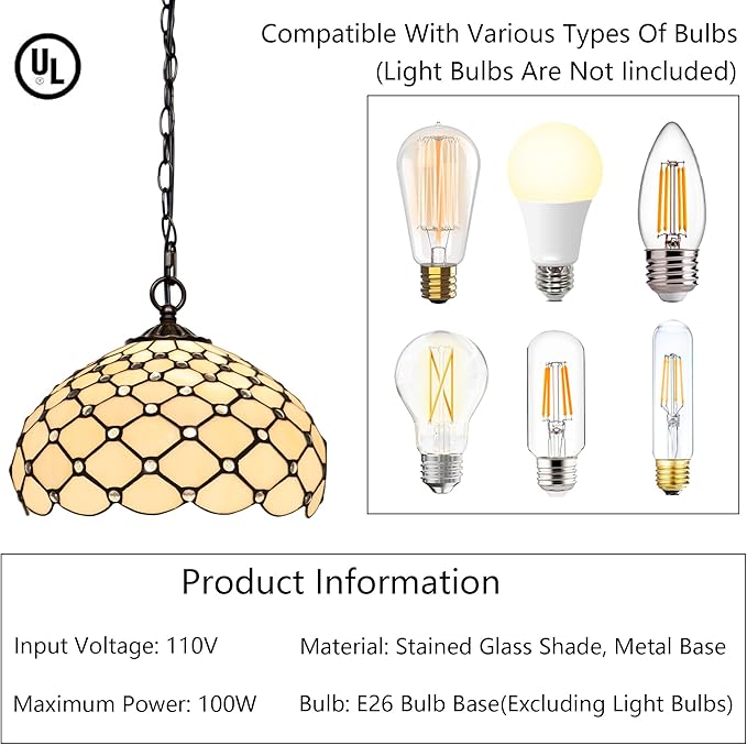 Tiffany Pendant Light Plug in Stained Glass Hanging lamp 12X12X181 Inch Hanging Lamp Living Room Bedroom Kitchen Dining Room Office(Cream Bead)