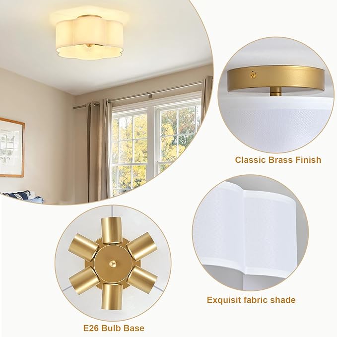 Gold 6-Light Semi Flush Mount Ceiling Light, White Fabric Close to Ceiling Light Fixtures, Clover Drum Ceiling lamp