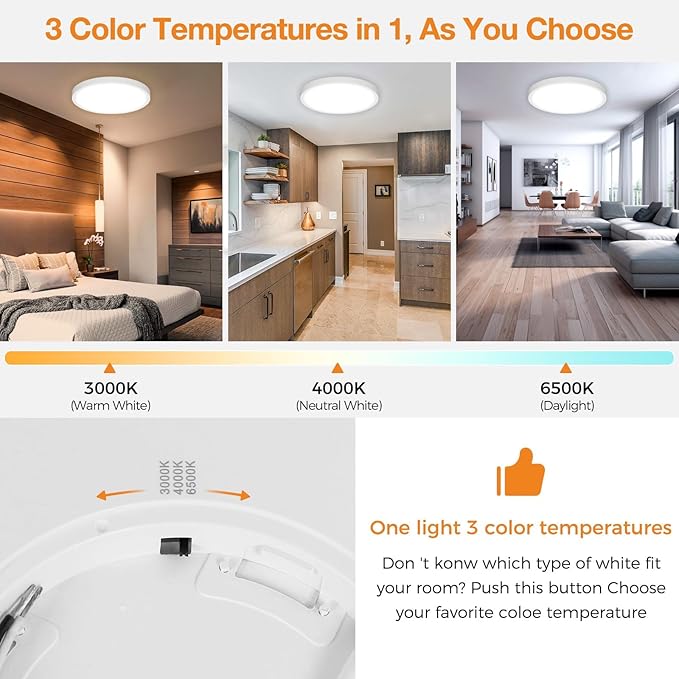 1PACK LED Flush Mount Ceiling Light Fixture, 3000K-4000K-6500K & 100W Equivalent Modern Kitchen Ceiling Lamp 24W 3200Lm 12 Inch Closet Round Surface for Bathroom Laundry Bedroom Hallway