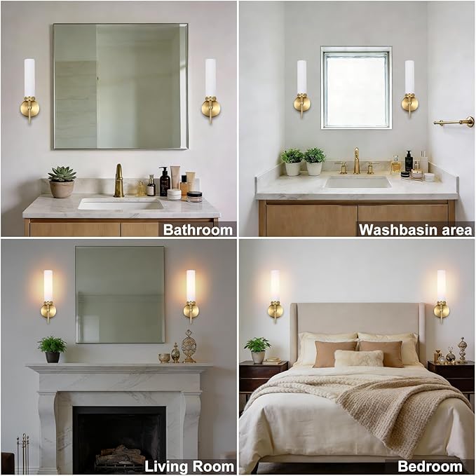 LaLuLa Wall Sconce Set of 2, Vanity Lights for Bathroom, Modern Brushed Gold, Knurled Detail, Frosted Glass Cylinder Shade, E26 Base, Hardwired, Up or Down Mount, Gold Wall Sconces for Hallway Bedroom