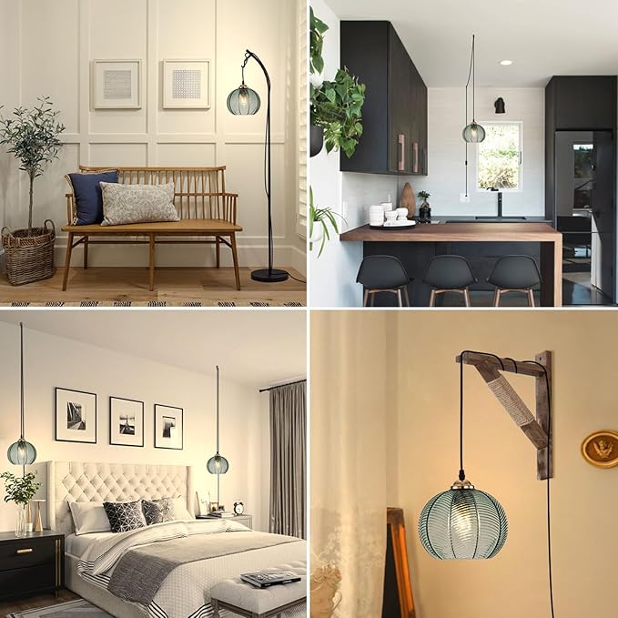 Green Glass Plug in Pendant Light 7.9" Glass Globe Shade Vintage Boho Mid Century Style Plug in Swag Ceiling Light for Bedroom Living Room Cabinets Bathroom
