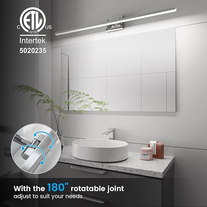 VOLISUN Modern Bathroom Vanity Light 48 inch, Rotatable, 30W Dimmable 5CCT Led Bathroom Light Fixture Over Mirror, Chrome Vanity Light for Bathroom Mirror Cabinets-ETL Certificated