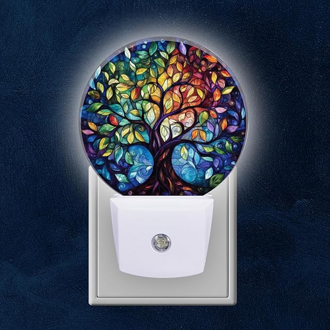 Round LED Night Lights Lamp with Dusk to Dawn Sensor, Circular Stained Glass Design of The Tree of Life Night Light Plug Into Wall for Kids Room, Bedroom, Bathroom, Kitchen, Hallway
