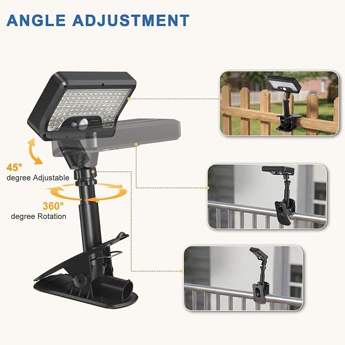 Clip On Solar Lights Outdoor with Motion Sensor, 3 Modes Solar Fence Lights with 3CCT, Adjustable Angle, USB Solar Powered, IP65 Waterproof Motion Sensor Outdoor Lights for Yard, Deck, Gutter(Black)