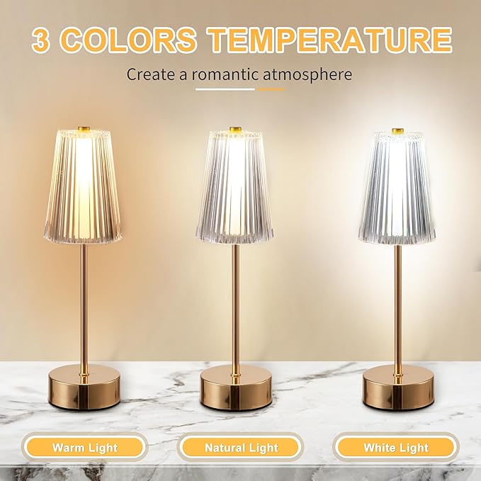 Idong Cordless Rechargeable Table Lamp, Portable Touch LED Desk Lamps, 5200mAh Battery Operated 3 Color Stepless Dimming, Small Wireless Metal Crystal Lamp for Bedside Bedroom Outdoor Restaurant Patio