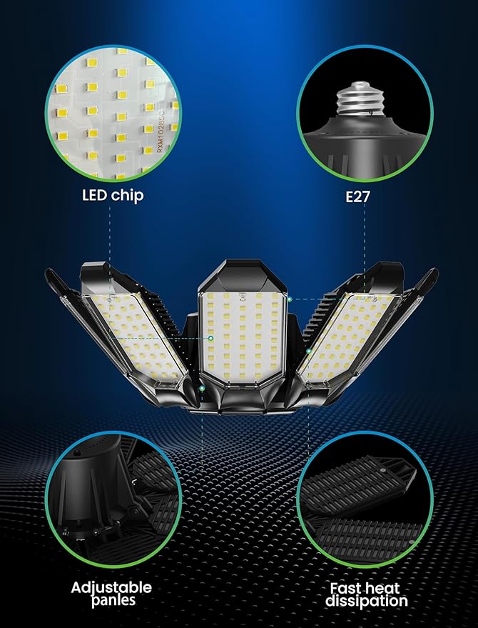 LED Garage Lights - 250W Ceiling LED with 8 Adjustable Panels, 25000LM Deformable Shop Light for Garage, Basement, Barn, High Bay Light, Support E26/E27 Screw Socket (4 Pack)