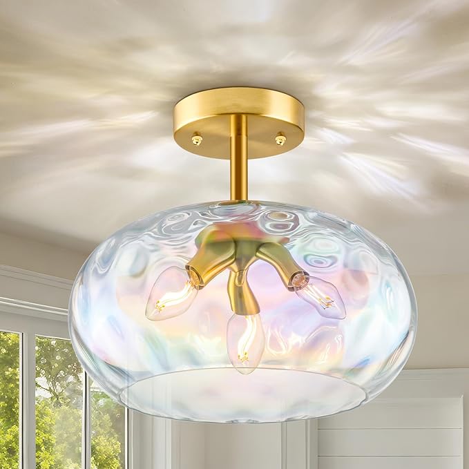 14'' Semi Flush Mount Ceiling Light, 3-Light Iridescent Glass Shade, Brass Indoor Vintage Ceiling Light Fixture for Entryway, Bedroom, Kitchen, Living Room, Hallway, Farmhouse Bulbs Not Included
