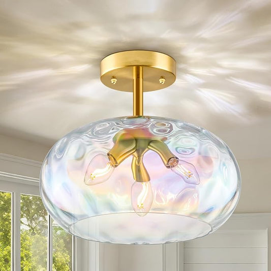 14'' Semi Flush Mount Ceiling Light, 3-Light Iridescent Glass Shade, Brass Indoor Vintage Ceiling Light Fixture for Entryway, Bedroom, Kitchen, Living Room, Hallway, Farmhouse Bulbs Not Included