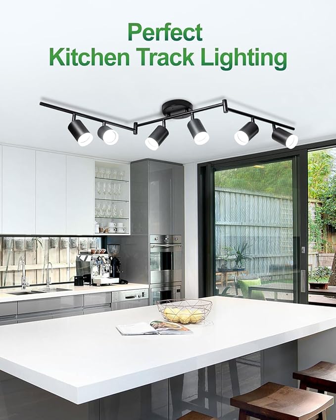 6 Ways Track Lighting, Rotatable Heads Track Light Kit, Track Lighting Fixtures Ceiling with Acrylic Cover, Modern Black Ceiling Spotlight for Kitchen, Living Room, Hallway(Bulbs Not Included)