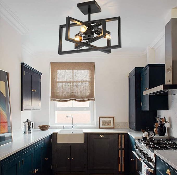 Farmhouse Black Ceiling Light 3 Lights Rectangular Chandelier with Metal Cage Semi Flush Mount Ceiling Light for Kitchen, Bedroom, Dining Room, Hallway, Foyer