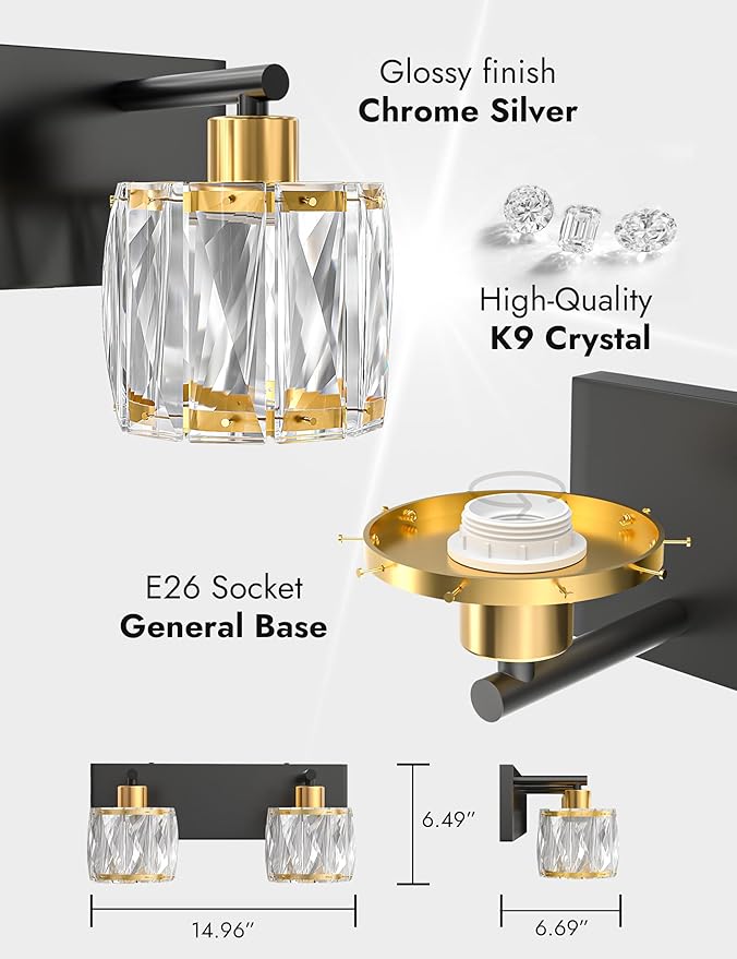 VOLISUN Crystal Vanity Lights for Bathrooms, 2 Light Bathroom Vanity Light, Black and Gold Bathroom Light Over Mirror, Modern Bathrooms Lights Fixtures-UL Certificated(Exclude Bulb)