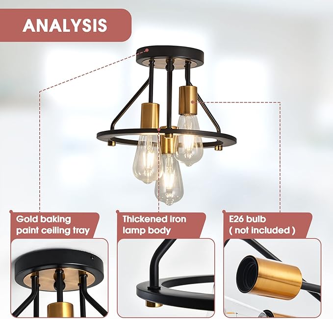 Industrial Semi Flush Mount Ceiling Light Fixture 3-Light Matte Black and Gold Chandelier E26 Farmhouse Ceiling Lamp for Entryway Hallway Bedroom Passway Balcony