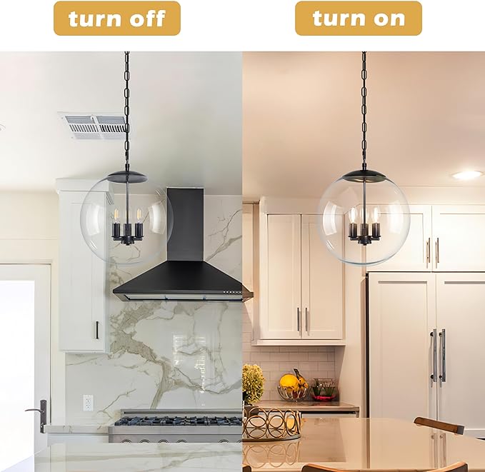 KoKo&Yukina 14" Black Globe Pendant Light Mid Century Pendant Light Clear Glass Pendant Lights Kitchen Island Adjustable Hanging Light Fixture for Dining Room Bedroom Kitchen Island