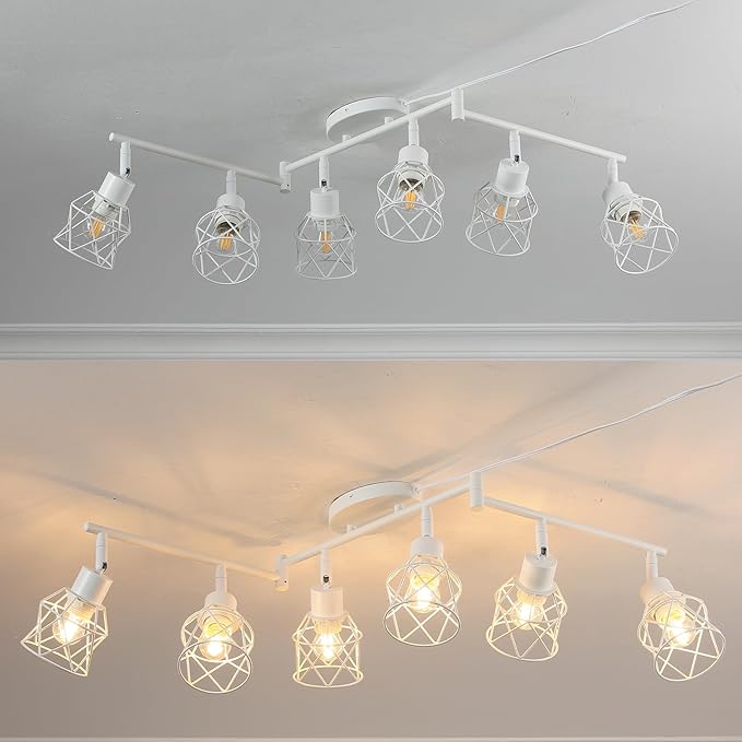 Dimmable 6 Light Plug in Ceiling Light,White Plug in Track Lighting Kit with 16.5' Cord,Flexibly Rotatable Light Head,Modern Industrial Farmhouse Style(Bulbs Not Included)