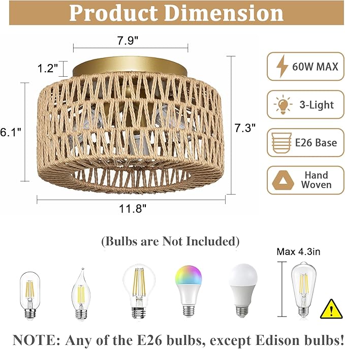Rattan Light Fixtures Ceiling Mount, 3-Lights Boho Flush Mount Ceiling Light, Hand-Woven Cage Shade Lamp Lighting, Rustic Rattan Chandelier for Hallway Bedroom Kitchen Farmhouse Foyer Entryway (Gold)