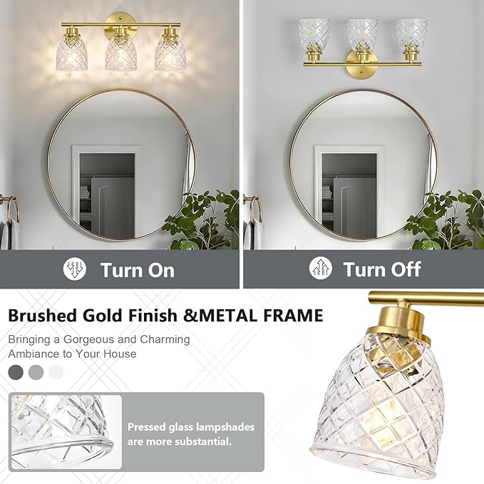 3-Light Bathroom Light Fixtures, Modern Brushed Gold Vanity Light Over Mirror, Wall Sconce with Clear Hammered Glass Shades, E26 Base (Bulbs Not Included)