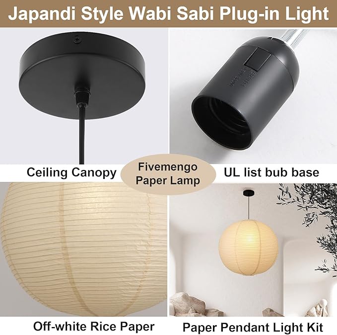 Large Paper Pendant Light with Cord and Canopy, 23.6in Off-White Rice Paper Hanging Lamp, Japanese Japandi Wabi Sabi Lantern Lamp Chandelier for Living Dining Room Bedroom Kitchen 1 Pack