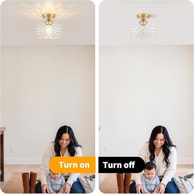 Small Semi Flush Mount Ceiling Light Fixture, Vintage Gold Close to Ceiling Lighting with Hammered Glass Shade for Hallway, Kitchen, Entryway (Retro Design, Easy Install)