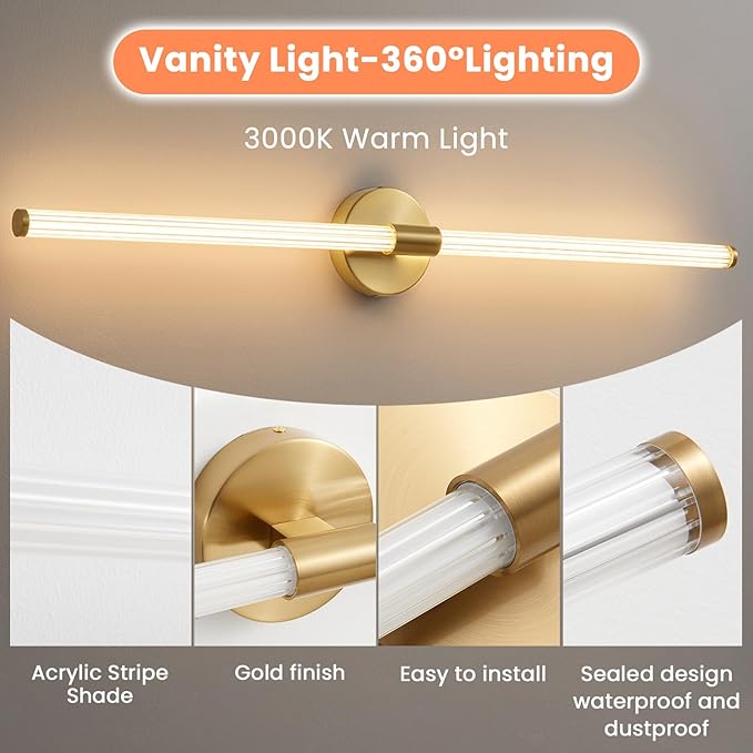 Dimmable LED Bathroom Vanity Lights Hardwired 360° Full Lighting Bathroom Light Fixtures Over Mirror Vanity Light Bar Modern Wall Sconce Warm Light for Bedroom Living Room - Gold, 39 inch