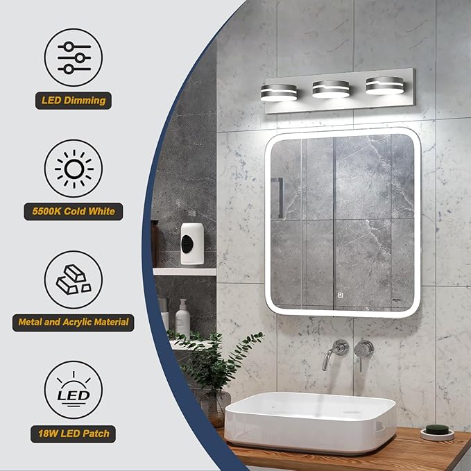 Vanity Lights for Bathroom, 18.9in Brushed Nickel Bathroom Light Fixtures Over Mirror, 3-Light Modern LED Wall Sconce Makeup Lighting, 350° Rotatable, Dimmable 6000K Cool White, Hardwired