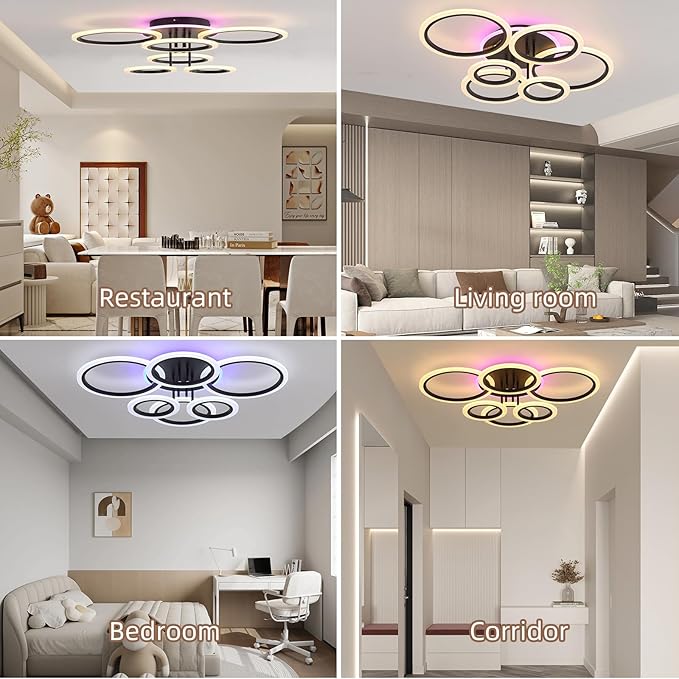 Modern LED Ceiling Light,Dimmable Ceiling Lights for Bedroom,70W Flush Mount Ceiling Light,6 Rings Lighting Fixture LED Ceiling Lamp for Kitchen,Living Room,Laundry Room,3000-6000K,Black