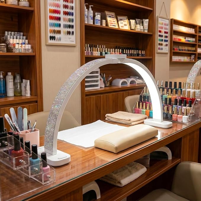 Half Moon Light for Nail Desk 31" Foldable LED Nail Desk Lamp with Phone Holder, Professional Nail Tech Light for Manicure & Beauty Studio