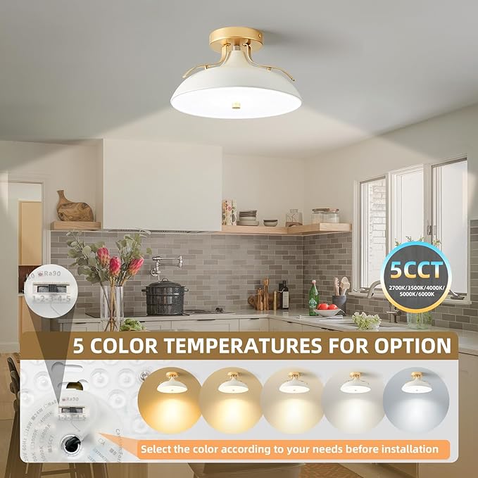 OKELI Dimmable LED Ceiling Light Fixture, 5CCT 2700K–6000K Modern Semi Flush Mount Ceiling Light, 24W White Gold Close to Ceiling Lamp for Kitchen Bedroom Hallway Entryway Laundry Room, 11.8 Inch
