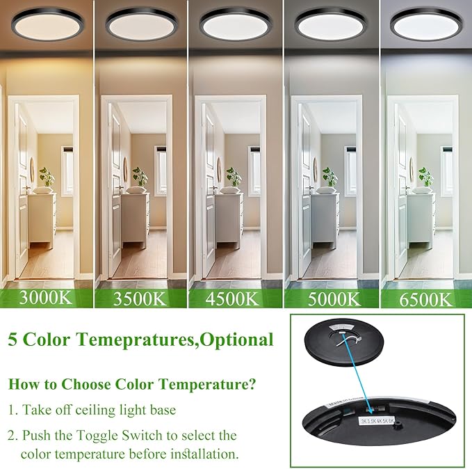 2 Pack LED Flush Mount Ceiling Light Fixture, 24W 12Inch 3000K, 3500K, 4500K, 5000K, 6500K 5 Color Temperatures Low Profile Ceiling Light for Bedroom, Living Room, Dining Room, Black