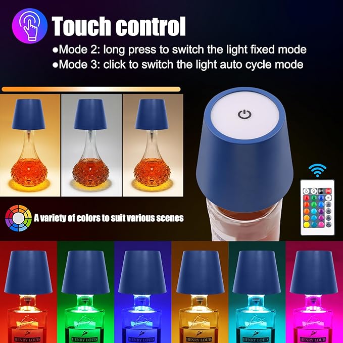 Wireless Bottle Lamp with Remote Control, Rechargeable RGB Wine Bottle with 3Modes Light Dimming, Waterproof Touch Lamp Head for Room, Bar, Restaurant and Party Decorations(Blue RGB)