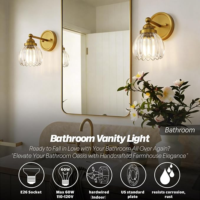 Vintage Hardwired Tulip Glass Wall Sconce Lighting, 1-Light Bathroom Vanity Light Fixture for Hallway Bedroom Living Room Bedside Nightstands Lights