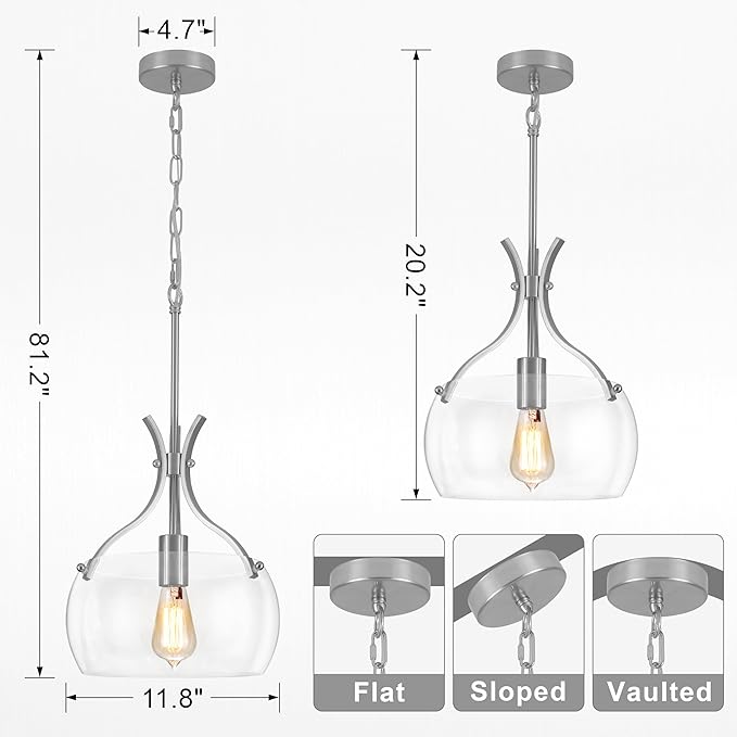 Glass Pendant Lights Kitchen Island, 11.8" Brushed Nickel Industrial Pendant Lighting, Modern Hanging Light Fixture with Glass Shade for Dining Room Kitchen Sink Hallway Entryway