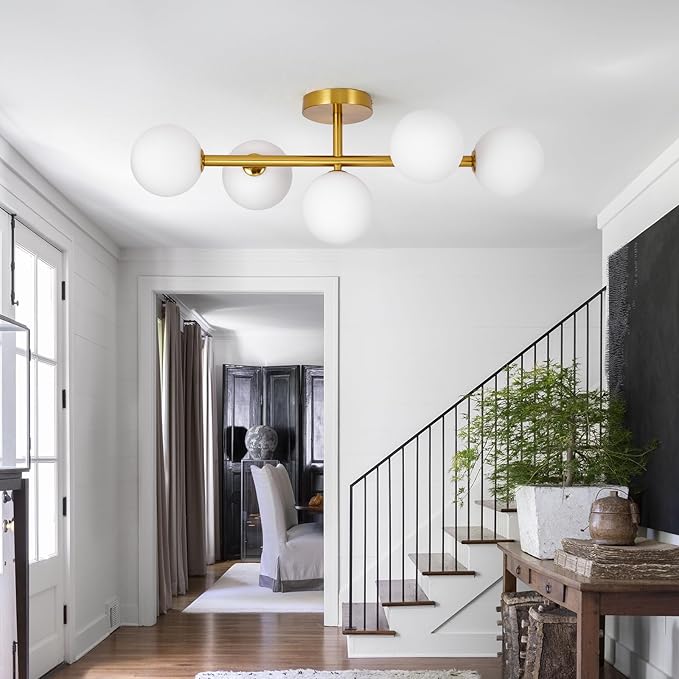 Globe Milk Glass Ceiling Light: Gold 5 Lights Semi Flush Mount Ceiling Light - Linear Century Modern Lighting Fixture - 27 Inch Brass Glass Lights with Sphere Shade for Bedroom Living Room Hallway