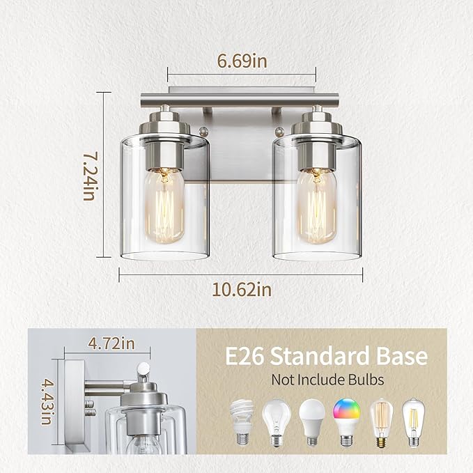 SKEJAO Bathroom Vanity Light Over Mirror,Vanity Light for Bathroom,Bathroom Light Fixture Wall Sconce Lighting for Bedroom,Living Room (Nickel, 2-Light)